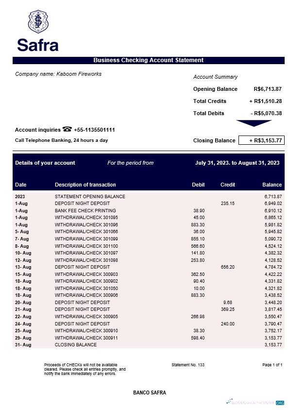 Download Banco Safra business statement Word and PDF template Photoshop template